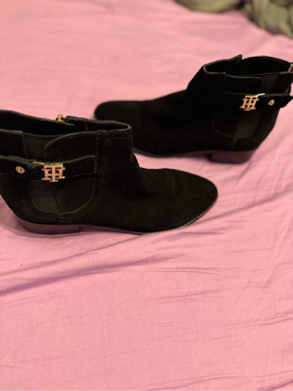 Tommy Hilfiger Black Suede Ankle Booties with Gold Logo Accent NEVER WORN